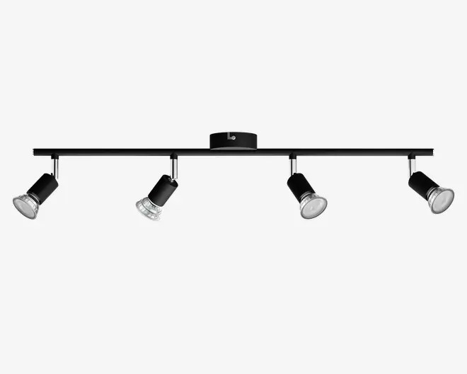Sort loftmonteret skinnespot med en lang vandret skinne og fire justerbare spotlamper.