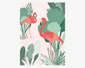 Illustration med to lyserøde flamingoer, der står blandt frodige grønne tropiske blade. Flamingoerne har lange halse og ben samt let orange og gule nuancer i fjerdragten. Baggrunden er en blød pastelrosa, som fremhæver de klare farver på fuglene og planterne. Stilen er moderne og dekorativ med rene linjer og et fladt, grafisk udtryk.