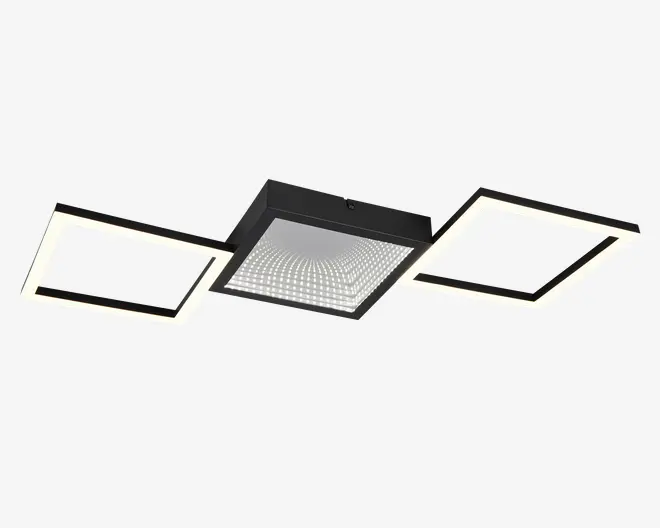 Moderne loftlampe med et geometrisk design bestående af to oplyste kvadratiske rammer på hver side af en central sort firkantet enhed. Den centrale del har en reflekterende, uendelighedsspejl-effekt, som giver dybde og visuel interesse. Lampen kombinerer matte sorte og hvide overflader for et nutidigt udtryk, og LED-belysningen sikrer energieffektivitet og jævn belysning.