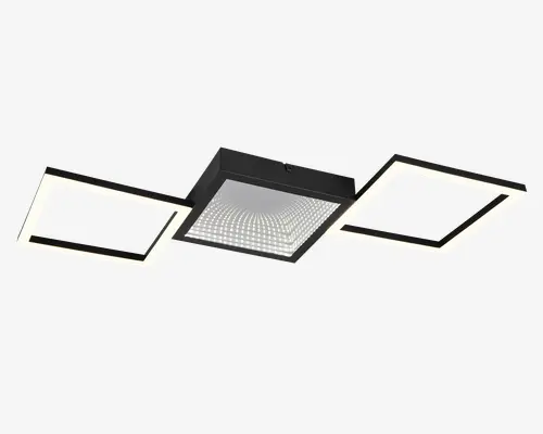 Moderne loftlampe med et geometrisk design bestående af to oplyste kvadratiske rammer på hver side af en central sort firkantet enhed. Den centrale del har en reflekterende, uendelighedsspejl-effekt, som giver dybde og visuel interesse. Lampen kombinerer matte sorte og hvide overflader for et nutidigt udtryk, og LED-belysningen sikrer energieffektivitet og jævn belysning.