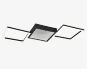 Moderne loftlampe med et geometrisk design bestående af to oplyste kvadratiske rammer på hver side af en central sort firkantet enhed. Den centrale del har en reflekterende, uendelighedsspejl-effekt, som giver dybde og visuel interesse. Lampen kombinerer matte sorte og hvide overflader for et nutidigt udtryk, og LED-belysningen sikrer energieffektivitet og jævn belysning.