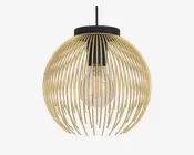 En moderne loftslampe med en kugleformet, bur-lignende skærm lavet af jævnt fordelte, buede metalstænger i guld. Stængerne danner en åben, kuppelformet struktur, der omkranser en synlig, klar glødepære. Lampens top er i mat sort, hvilket giver en elegant kontrast til de gyldne stænger. Designet giver god lysspredning og tilfører rummet et moderne udtryk.