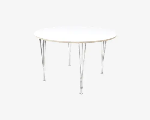 Rundt bord med en glat, hvid bordplade og seks slanke ben i sølvfarvet metal. Benene har et let industrielt udseende med synlige støttebøjler og bolte, hvilket giver stabilitet og et moderne udtryk. Bordet har et minimalistisk design, der passer til moderne indretning.