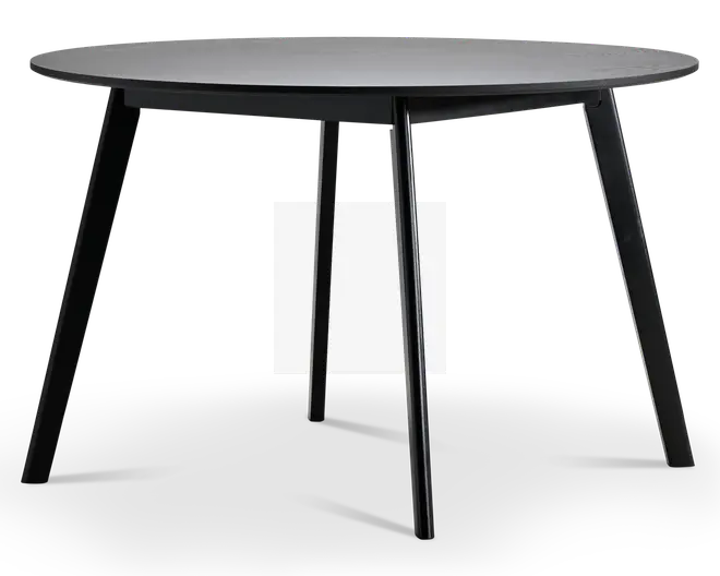 Rundt lysegråt bordplade med smal kant og fire sorte skrå ben i et moderne, minimalistisk design.