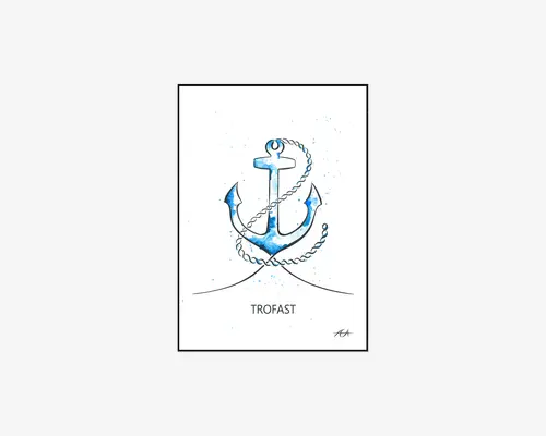 Minimalistisk illustration med et blåt anker, hvor et løst snoet reb er viklet omkring. Ankret har en akvareleffekt med forskellige blå nuancer og lette stænkdetaljer. Under ankret står ordet "TROFAST" med store bogstaver. Baggrunden er helt hvid, og stilen er enkel og moderne.