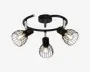 Loftmonteret lampe med tre justerbare lampehoveder, der er placeret i et cirkulært mønster. Hvert lampehoved har en sort metalgitter-skærm, som gør pæren synlig og giver et industrielt udtryk. Lampen er mat sort med kromdetaljer, og pærerne udsender et varmt lys.