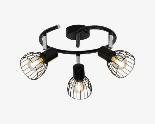Loftmonteret lampe med tre justerbare lampehoveder, der er placeret i et cirkulært mønster. Hvert lampehoved har en sort metalgitter-skærm, som gør pæren synlig og giver et industrielt udtryk. Lampen er mat sort med kromdetaljer, og pærerne udsender et varmt lys.