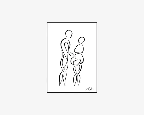Minimalistisk stregtegning, der viser to abstrakte menneskefigurer. Linjerne er glatte og flydende og danner omridset af figurerne, som står tæt sammen, hvor den ene figur har en rund mave, hvilket antyder graviditet. Figurerne har ingen ansigtstræk eller detaljeret anatomi, hvilket understreger form og forbindelse. Kunstværket er signeret nederst til højre.