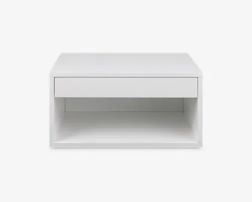 Rektangulært, moderne hvidt bord med en glat, flad top. Bordet har en bred skuffe med et sømløst frontpanel og en åben hylde under skuffen til ekstra opbevaring. Designet er minimalistisk med rene linjer og mat finish.