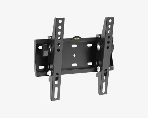 Sort vægbeslag i metal med justerbar vippefunktion, flere monteringshuller for kompatibilitet med forskellige skærmstørrelser og indbygget vaterpas for nem installation. Beslaget har en robust konstruktion med synlige bolte og drejeknapper til sikker fastgørelse og vinkeljustering.