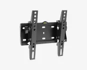 Sort vægbeslag i metal med justerbar vippefunktion, flere monteringshuller for kompatibilitet med forskellige skærmstørrelser og indbygget vaterpas for nem installation. Beslaget har en robust konstruktion med synlige bolte og drejeknapper til sikker fastgørelse og vinkeljustering.