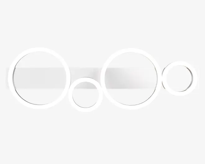 Moderne vægspejl med et geometrisk design bestående af fire sammenhængende cirkulære spejle i forskellige størrelser. Cirklerne er arrangeret vandret, med de to største cirkler til venstre og midt-højre, en mellemstor cirkel yderst til højre og en lille cirkel under midten. Spejlene har en elegant, hvid ramme, hvilket giver et stilrent og moderne udtryk, der passer til nutidige indretninger.