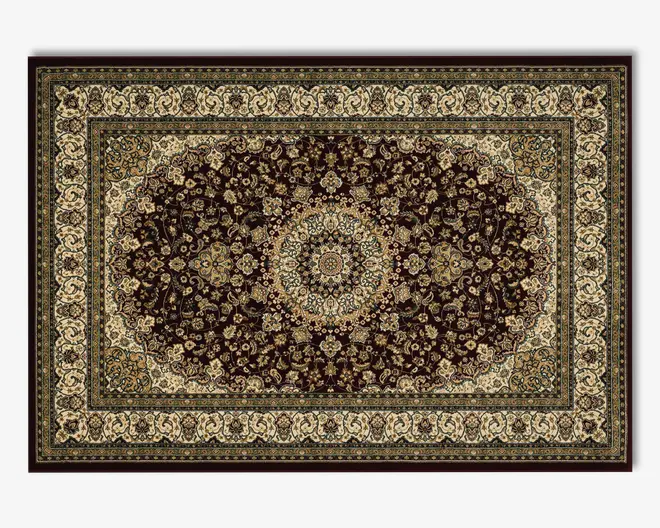 Rektangulært tæppe med en dyb mørkebrun baggrund og et detaljeret centralt medaljonmønster i beige, guld og afdæmpede grønne nuancer. Tæppet er dekoreret med fine blomster- og vinrankemotiver over hele fladen og indrammet af flere udsmykkede borter med gentagne blomstermønstre i creme og guld. Stilen er traditionel og elegant, velegnet til klassiske indretninger.