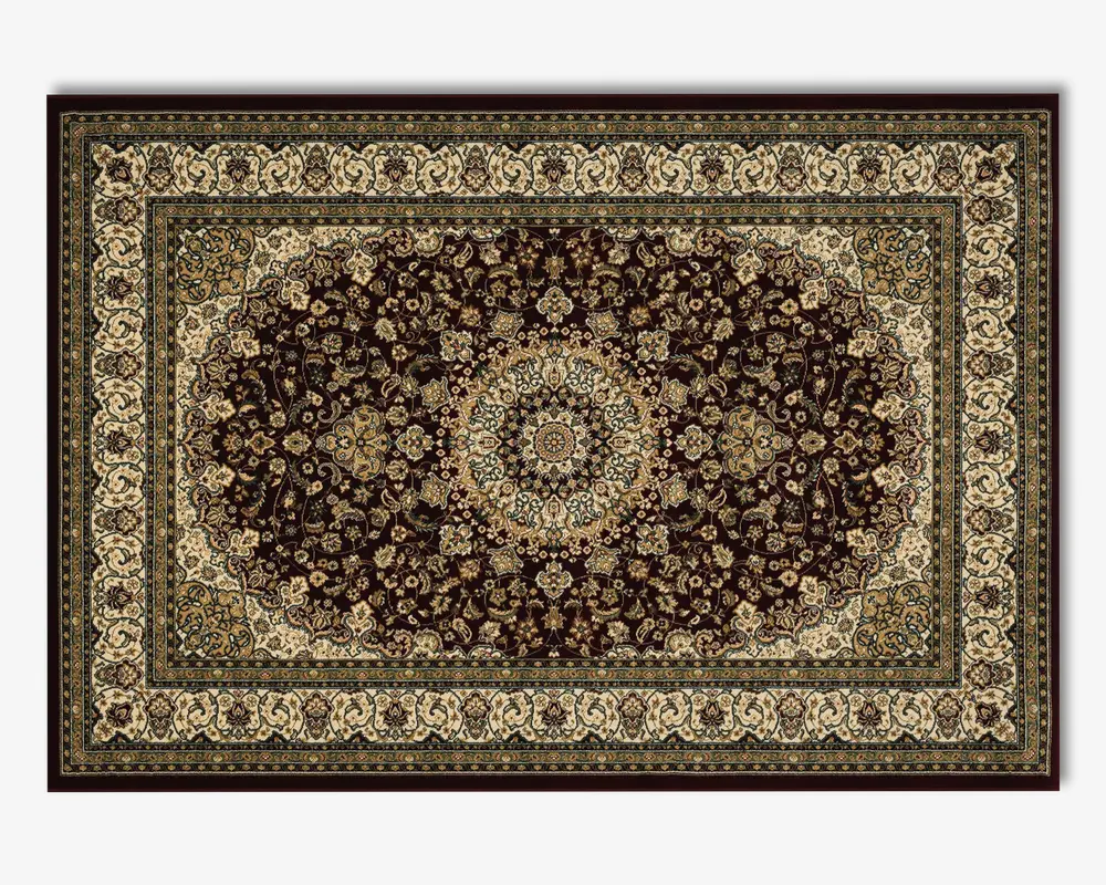 Rektangulært tæppe med en dyb mørkebrun baggrund og et detaljeret centralt medaljonmønster i beige, guld og afdæmpede grønne nuancer. Tæppet er dekoreret med fine blomster- og vinrankemotiver over hele fladen og indrammet af flere udsmykkede borter med gentagne blomstermønstre i creme og guld. Stilen er traditionel og elegant, velegnet til klassiske indretninger.
