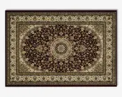 Rektangulært tæppe med en dyb mørkebrun baggrund og et detaljeret centralt medaljonmønster i beige, guld og afdæmpede grønne nuancer. Tæppet er dekoreret med fine blomster- og vinrankemotiver over hele fladen og indrammet af flere udsmykkede borter med gentagne blomstermønstre i creme og guld. Stilen er traditionel og elegant, velegnet til klassiske indretninger.