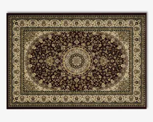 Rektangulært tæppe med en dyb mørkebrun baggrund og et detaljeret centralt medaljonmønster i beige, guld og afdæmpede grønne nuancer. Tæppet er dekoreret med fine blomster- og vinrankemotiver over hele fladen og indrammet af flere udsmykkede borter med gentagne blomstermønstre i creme og guld. Stilen er traditionel og elegant, velegnet til klassiske indretninger.