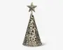 Kegleformet dekorationsgenstand med åbent blomsterudskæringsmønster i en metallisk guld-bronze finish og en lille femtakket stjerne på toppen.