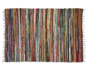 Rektangulært vævet tekstil med et livligt miks af lodrette striber i mange farver, herunder rød, blå, grøn, gul, orange og hvid. Striberne varierer i bredde og mønster, hvilket giver et farverigt og dynamisk udtryk. Kanterne er afsluttet med korte, knyttede frynser på begge korte sider.