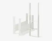 Hvid metalramme med et minimalistisk, åbent design bestående af lodrette og vandrette stænger. Konstruktionen har to hovedsektioner: én med rektangulær bund og sidesupport, og én med højere, lodrette støtteben samt et rektangulært udskæringsfelt. Rammen er samlet med synlige skruer og har en glat, pulverlakeret overflade, der gør den holdbar og nem at rengøre.