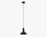 Et moderne pendellampearmatur med mat sort finish. Lampen har en lang, slank stang, der forbinder loftbeslaget med en konisk skærm. Skærmen har en glat overflade og en bred åbning i bunden, hvilket giver fokuseret lys nedad. Det minimalistiske design passer godt til moderne indretning.