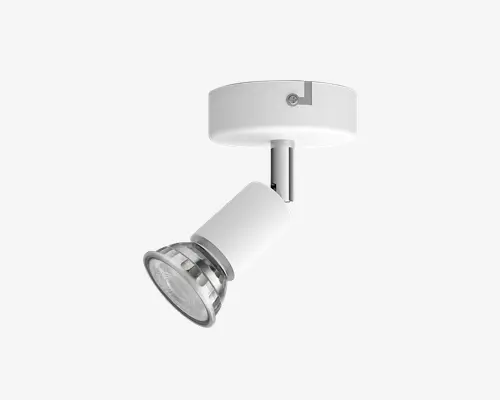 Hvid justerbar loftspot med rund montering, kort arm og et cylindrisk lampehoved vinklet nedad.