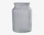 Høj, cylindrisk beholder lavet af mat glas med lodret rillet tekstur. Krukken har en bred åbning og en let udadgående kant, hvilket giver et moderne og elegant udseende.
