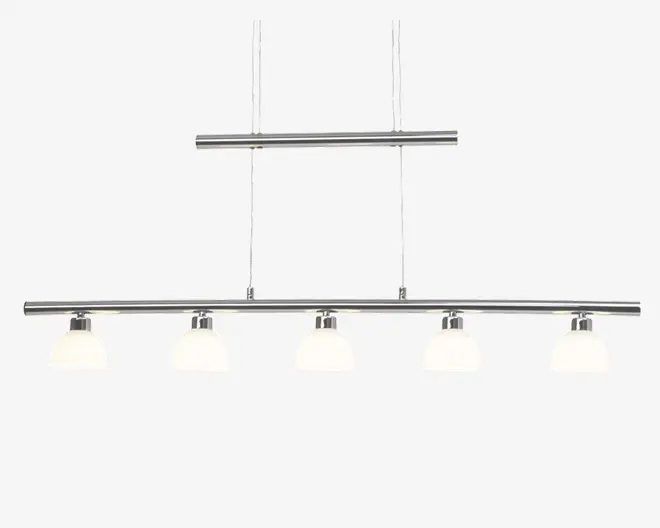 Moderne loftlampe med blank kromfinish, der har fem jævnt fordelte cylindriske lampeskærme i mat glas. Lampen har et geometrisk, lineært design med to lodrette stænger, der understøtter to vandrette bjælker, hvilket giver et moderne og minimalistisk udtryk.