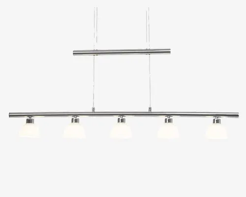 Moderne loftlampe med blank kromfinish, der har fem jævnt fordelte cylindriske lampeskærme i mat glas. Lampen har et geometrisk, lineært design med to lodrette stænger, der understøtter to vandrette bjælker, hvilket giver et moderne og minimalistisk udtryk.