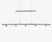 Moderne loftlampe med blank kromfinish, der har fem jævnt fordelte cylindriske lampeskærme i mat glas. Lampen har et geometrisk, lineært design med to lodrette stænger, der understøtter to vandrette bjælker, hvilket giver et moderne og minimalistisk udtryk.