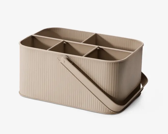 Rektangulær beige opbevaringsboks med rillet overflade, seks lige store rum og et solidt, drejeligt håndtag for nem transport. Boksen har afrundede hjørner og en glat finish, hvilket gør den velegnet til organiseret opbevaring af forskellige genstande.