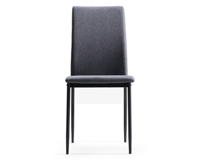 Stol med høj, rektangulær ryg og sæde, begge polstret med mørkegråt stof. Stolen har slanke, lige metalben i en matchende mørk farve, hvilket giver et moderne og minimalistisk udtryk. Sædet og ryglænet er polstrede for komfort, og designet er enkelt og stilrent, velegnet til spisebord eller kontor.
