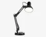 Sort justerbar skrivebordslampe med rund fod og stor, kuppelformet skærm. Lampen har en multi-leddet arm med synlige metalfjedre og hængsler, hvilket giver fleksibel placering af lyset. Overfladen er blank, og lampen har et moderne, industrielt design.
