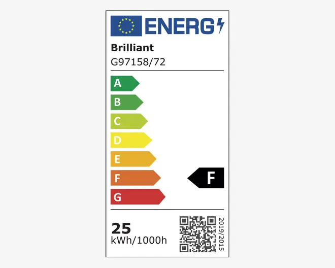 Et rektangulært EU-energimærke for et produkt med mærket 'Brilliant' og modelnummer G97158/72. Mærket viser en farvekodet energieffektivitets-skala fra A (grøn, mest effektiv) til G (rød, mindst effektiv), hvor produktet er klassificeret som F (orange). Energiforbruget er angivet til 25 kWh pr. 1000 timer. Der er også en QR-kode og årstallene 2019/2015 nederst til højre.