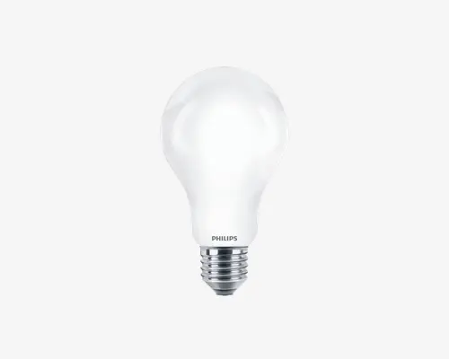 En mat hvid pære med standard skruefatning, afrundet form og glat overflade. Pæren har 'PHILIPS' mærket tæt på fatningen, hvilket angiver producenten. Skruefatningen er metal og riflet for at sikre en stabil montering i en sokkel.