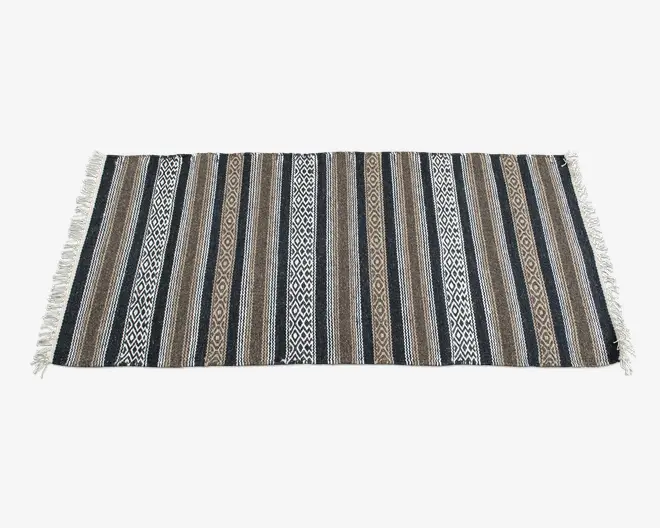 Rektangulært vævet tekstil med skiftende lodrette striber i sorte, brune og beige nuancer, hvor nogle striber har indviklede geometriske mønstre. Kanterne er afsluttet med hvide frynser på begge korte sider.