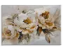 Et lærred med et abstrakt maleri af tre store blomster med bløde, lagdelte kronblade i nuancer af hvid, creme og gylden gul. Penselstrøgene er udtryksfulde og teksturerede, hvilket giver blomsterne dybde og bevægelse. Blomsternes midterste dele er mørkere med strejf af brun og okker, mens bladene er malet i dæmpede grønne og beige toner. Baggrunden er lys og neutral, så blomsterne træder tydeligt frem.