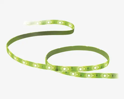 Fleksibel stribe med jævnt fordelte LED-lys, der udsender et klart grønt skær. Striben er tynd, bøjelig og har en flad overflade med synlige kredsløbskomponenter mellem LED'erne. Designet til nem montering i forskellige former og områder, velegnet til accent- eller dekorationsbelysning.