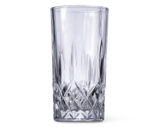 Højt, klart glas med cylindrisk form og tyk bund. Den nederste halvdel har et indviklet diamantmønster, som giver tekstur og visuel interesse, mens den øverste halvdel er glat og gennemsigtig.