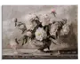 Et maleri med en buket hvide og lyserøde pæoner arrangeret i en klassisk fodet vase. Blomsterne er frodige og fyldige med fine kronblade og gule midter, omgivet af mørkegrønne blade. Nogle kronblade og blade ligger spredt på overfladen under vasen, hvilket giver et naturligt og let rustikt udtryk. Baggrunden er blødt tekstureret i neutrale nuancer, hvilket giver kunstværket et elegant og tidløst præg.