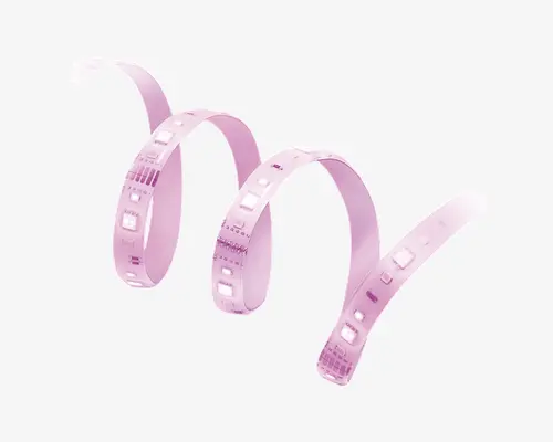 Fleksibel LED-strip, der udsender et blødt lyserødt lys, med jævnt fordelte LED-pærer langs hele længden. Strimlen er vist i en spiralform, hvilket fremhæver dens bøjelighed og alsidige monteringsmuligheder. Overfladen har synlige elektroniske komponenter og markerede klippelinjer til tilpasning af længden.