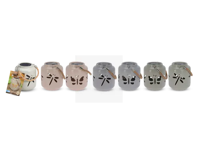 En række frostede glasbeholdere i forskellige pastelfarver, hver med udskåret motiv af enten en sommerfugl eller en guldsmed. Beholderne har metalhåndtag, der gør dem nemme at bære eller hænge op. De udskårne figurer lader lyset skinne igennem og skaber dekorative mønstre. Hver beholder har et solpanel på låget, hvilket viser, at de er solcelledrevne lanterner, velegnet til både udendørs og indendørs brug.