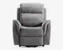 Frontbillede af en blød, moderne lænestol betrukket med gråt stof. Stolen har tykke, polstrede armlæn, en rummelig og blød siddeflade samt en høj, støttende ryg med ekstra hovedstøttepolstring. Designet er moderne med glatte, afrundede kanter, hvilket giver både komfort og stil.