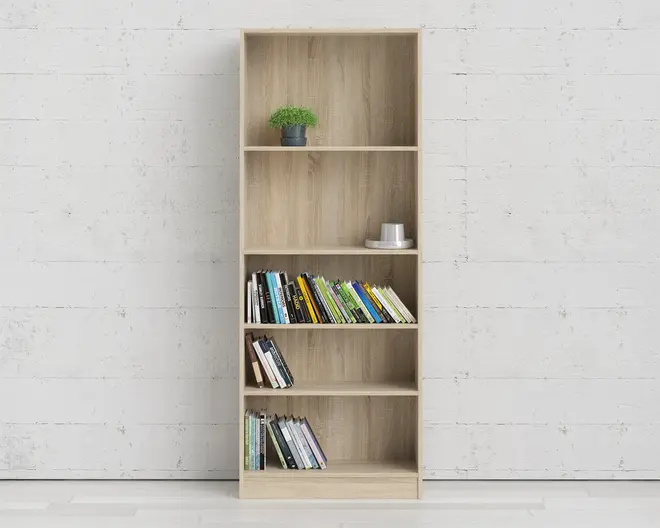 Høj, rektangulær reol i lyst træ med fem hylder. Øverste hylde har en lille potteplante, anden hylde har en lille sølvfarvet skål og tallerken, og de resterende hylder viser forskellige bøger, der står oprejst og skråt. Designet er minimalistisk og moderne med en naturlig træstruktur.