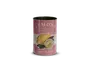 En cylindrisk metaldåse med et retro-inspireret lyserødt mærkat, der viser en illustration af en hel citron og en citronskive med grønne blade. Mærkaten har hvid tekst, hvor der står 'LEMONS LOCAL FRESH FRUITS' og 'Smooth & Rich Taste.' Dåsen har en åben top og ingen synligt låg.