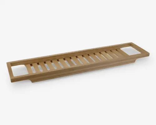 Rektangulær bakke i træ med naturlig finish, der har slidsede riller i midten for dræning eller luftcirkulation. Bakken har to store, rektangulære udskårne håndtag i hver ende for nem transport og placering. Kanterne er let hævede for at holde indholdet på bakken.