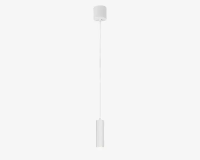 Slank, moderne pendellampe med cylindrisk hvid loftsroset, en lang lige stang og en tilsvarende cylindrisk hvid lampeskærm i bunden. Designet er minimalistisk og stilrent, velegnet til moderne indretning.