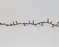 En række små LED-lys med mørkegrøn ledning, der har flere forgreninger. Lysene er jævnt fordelt langs ledningen og lyser i forskellige farver, herunder rød, grøn, blå, gul og lilla. Designet giver mulighed for fleksibel opsætning, og de kompakte pærer giver et klart, festligt skær.