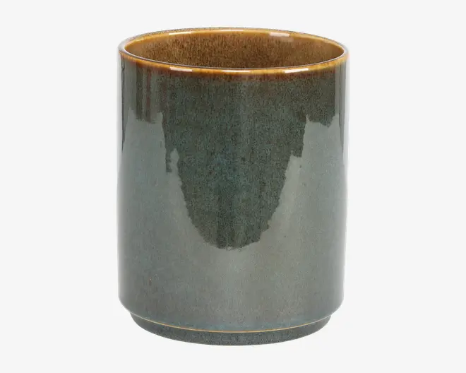 En cylindrisk beholder af keramik med en blank, glaseret overflade i gradient. Ydersiden har en blanding af dybe blå og grønne nuancer, der går over i en brun kant øverst. Indersiden er varm brun, og designet er glat og moderne med en let afrundet bund.