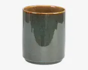 En cylindrisk beholder af keramik med en blank, glaseret overflade i gradient. Ydersiden har en blanding af dybe blå og grønne nuancer, der går over i en brun kant øverst. Indersiden er varm brun, og designet er glat og moderne med en let afrundet bund.