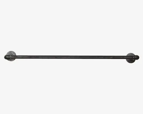 En lang, lige metalstang med mørk finish, der har runde monteringsplader i begge ender til sikker vægmontering. Stangen har et slankt, minimalistisk design, der passer til moderne indretning, og monteringsbeslaget er diskret integreret for et rent udtryk.